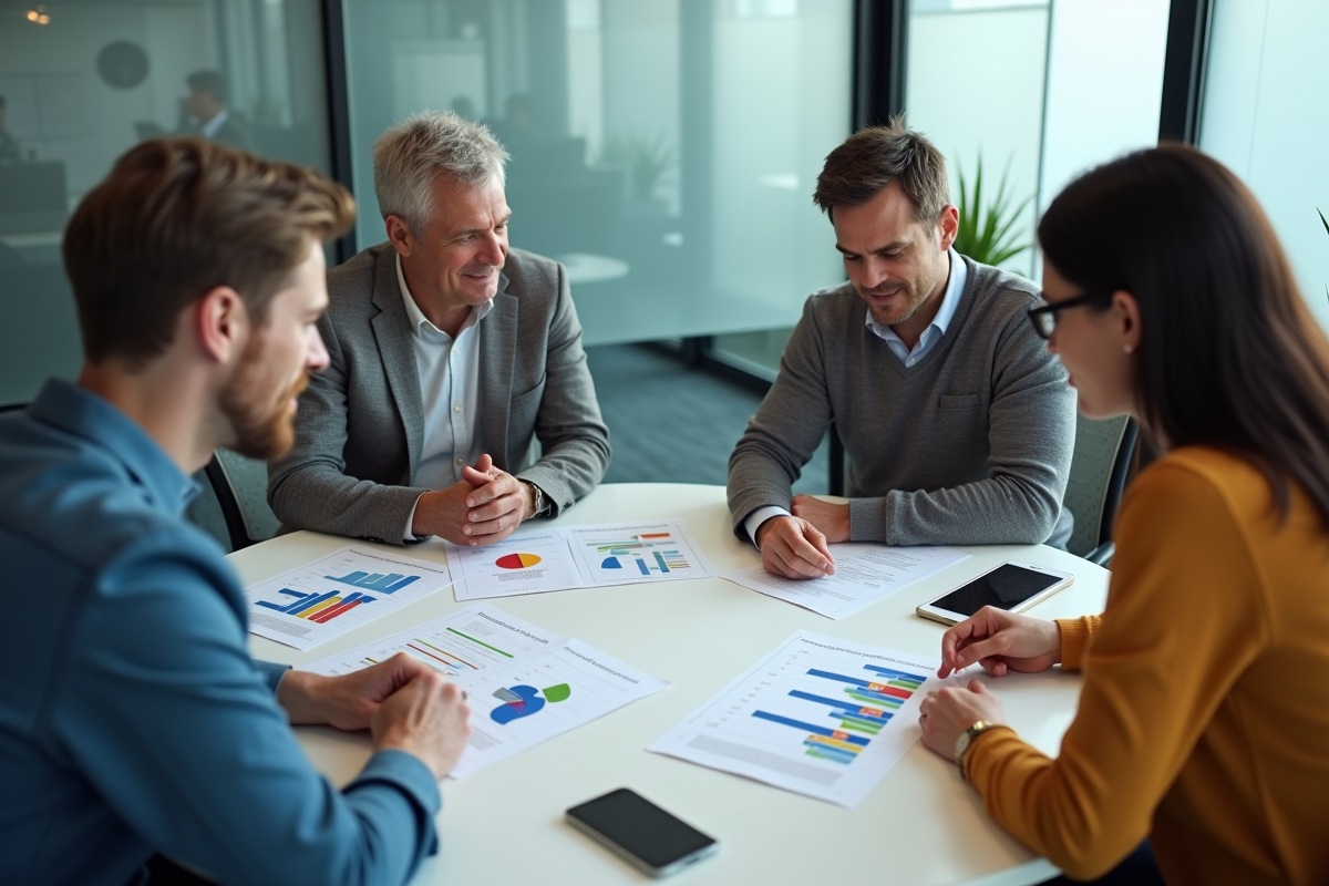 Groupe diversifié analysant des graphiques et feedbacks