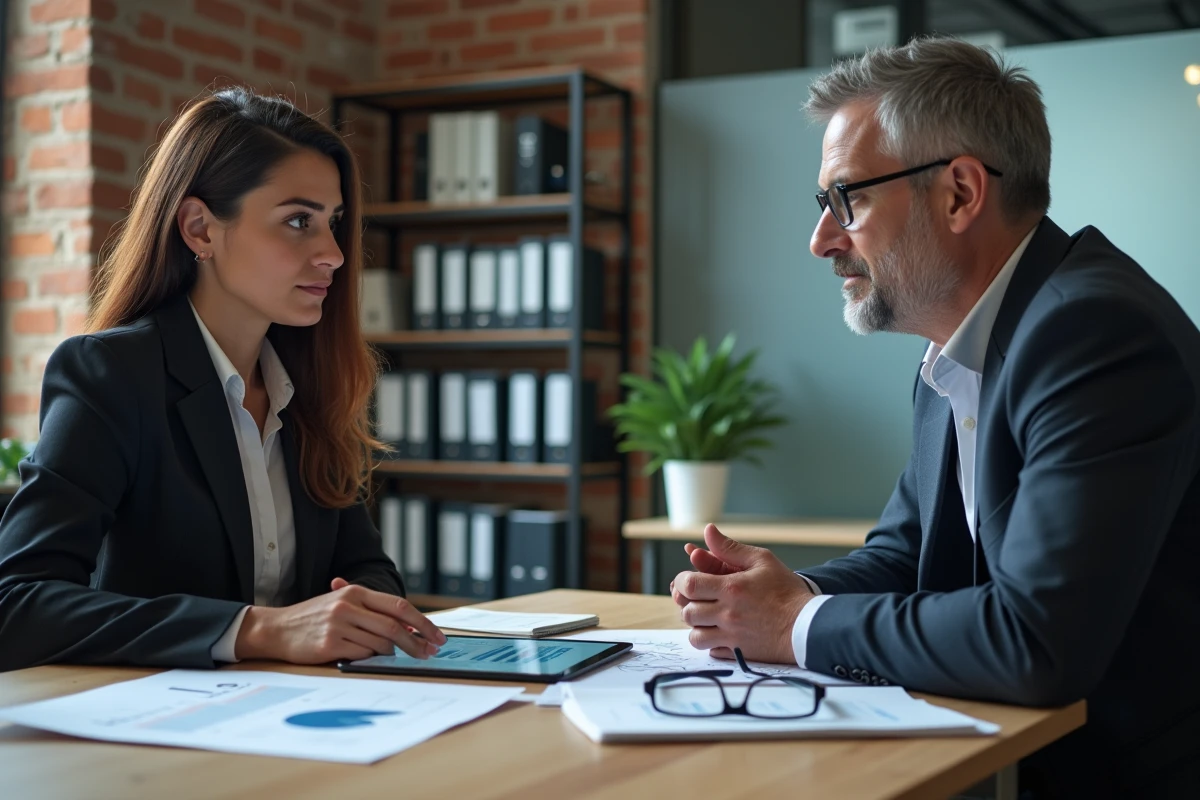 Deux professionnels discutant de la fiabilit&eacute; d'un cabinet de conseil autour de rapports de performance sur un bureau dans un espace de travail contemporain