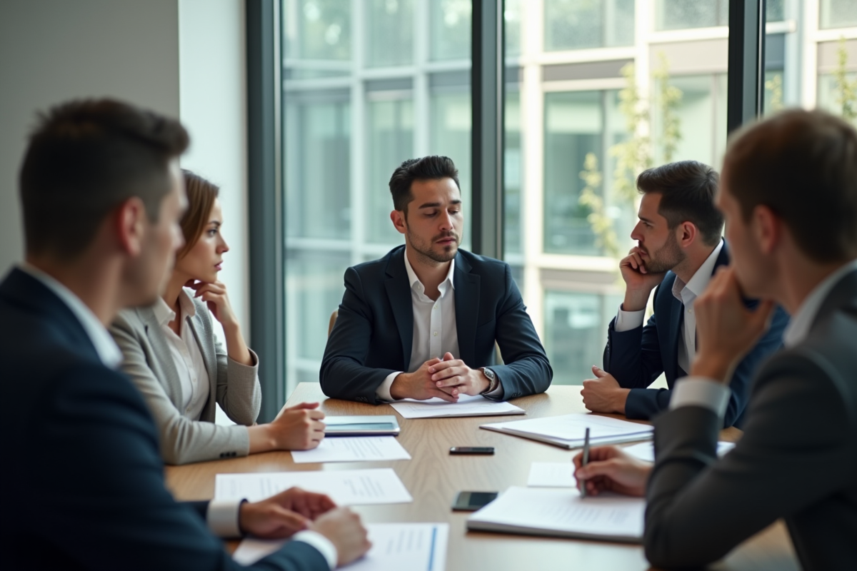 Groupe de professionnels en réunion tension au bureau