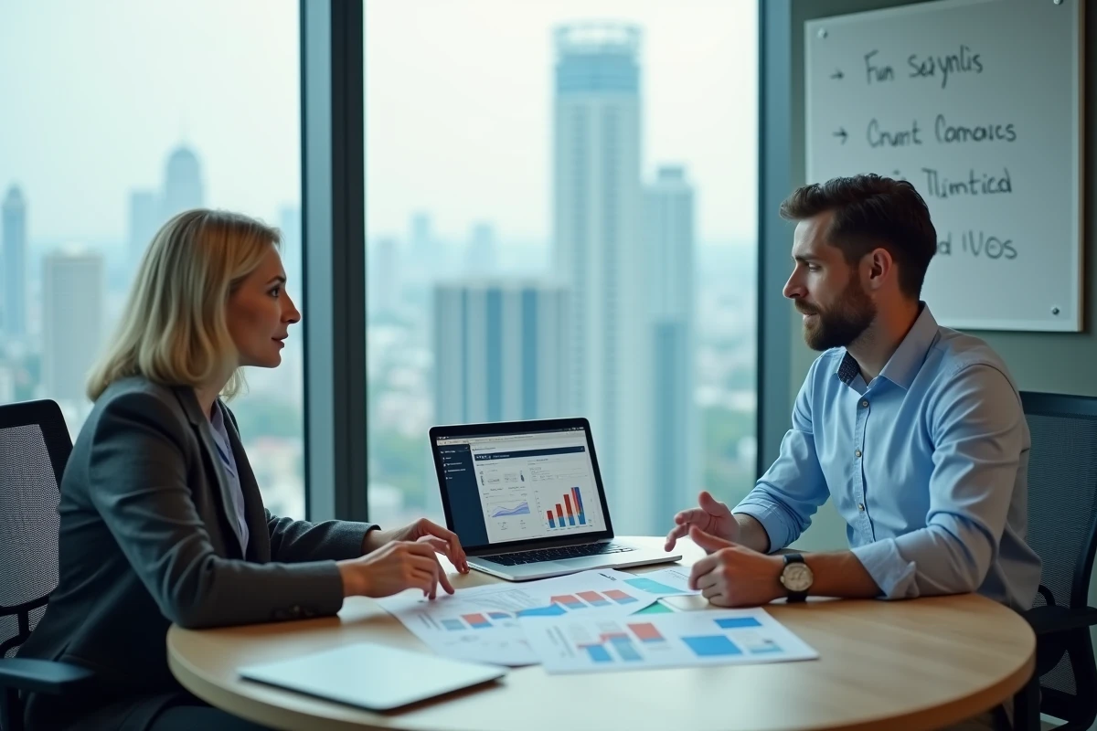 Deux cadres d'entreprise en réunion stratégique analysant les données clients et les indicateurs de performance d'une solution CRM sur ordinateur portable dans une salle de conférence moderne