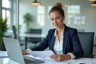 Responsable RH en entreprise B2B consultant une plateforme de recrutement et de formation sur ordinateur portable dans un bureau moderne