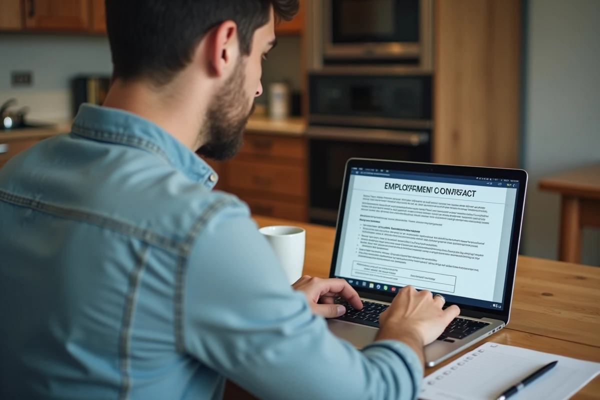 Jeune salarié consultant son contrat de travail numérique via Coffreo sur un ordinateur portable depuis son domicile