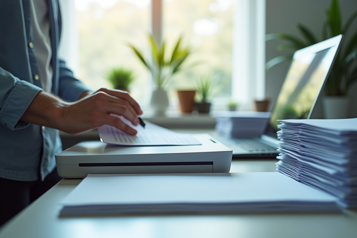 Professionnel scannant des documents dans un bureau lumineux