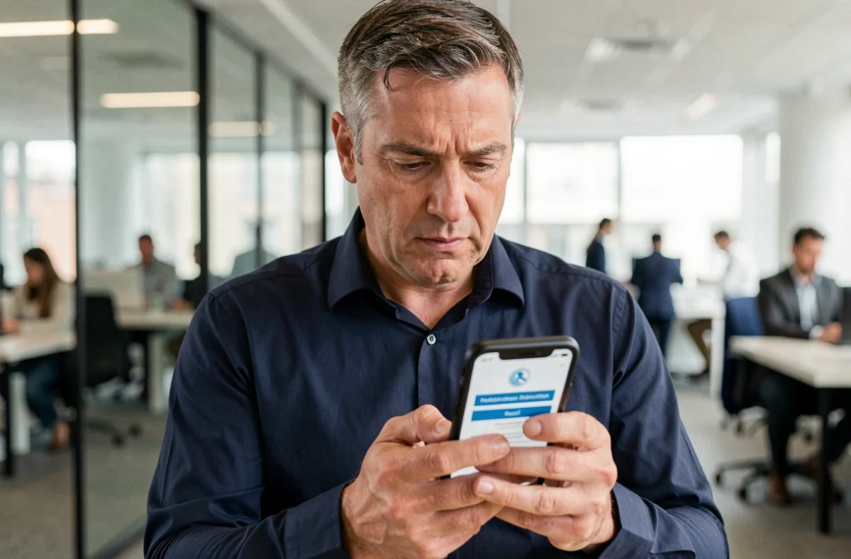 Homme sécurisant son compte My People Doc avec une authentification à deux facteurs sur smartphone au bureau