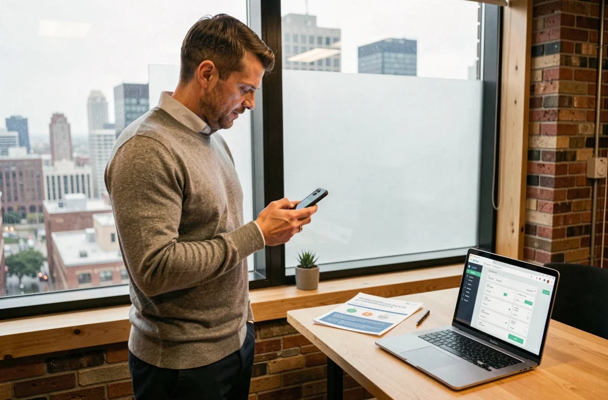 Homme effectuant un virement international via une application mobile dans un bureau fintech moderne