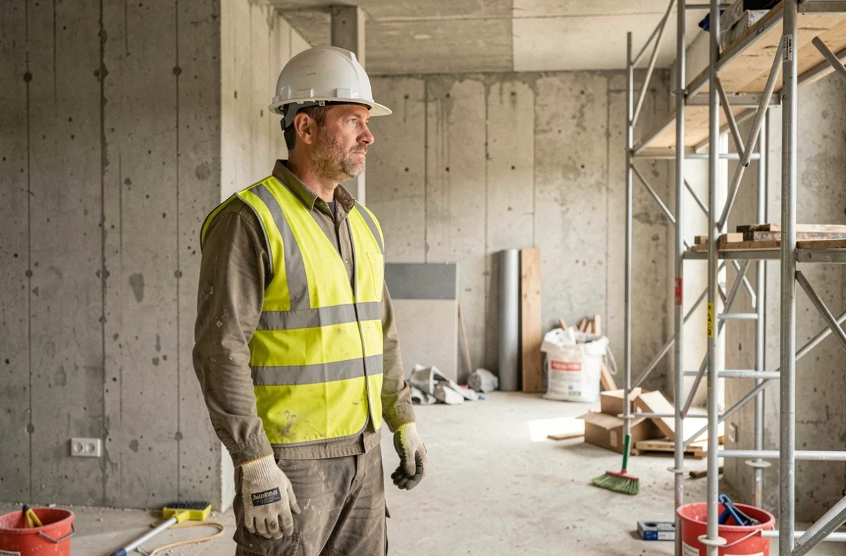 Technicien de SGK Travaux 41 en tenue de chantier inspectant un bâtiment en rénovation en Loir-et-Cher