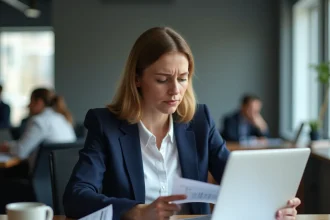 Femme cadre analysant des documents financiers liés à la transition CDD vers CDI et l'indemnité de fin de contrat