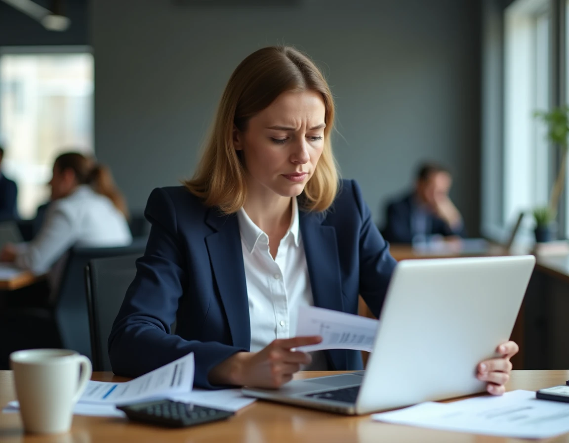Femme cadre analysant des documents financiers liés à la transition CDD vers CDI et l'indemnité de fin de contrat