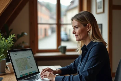 Consultante en stratégie de contenu locale travaillant sur le référencement SEO Alsace dans un bureau alsacien traditionnel