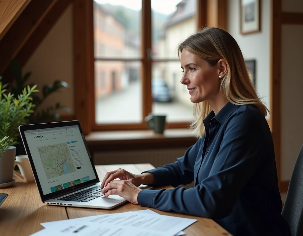 Consultante en stratégie de contenu locale travaillant sur le référencement SEO Alsace dans un bureau alsacien traditionnel