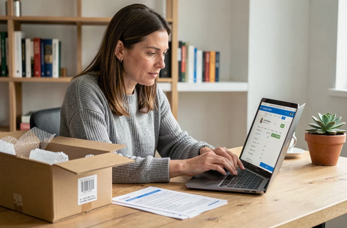Femme consultant le suivi de livraison et les documents d'assurance colis sur ordinateur