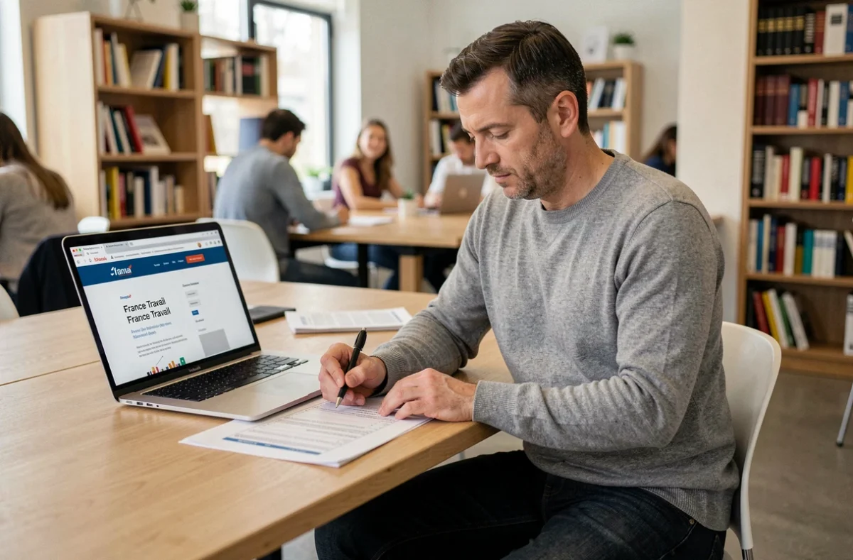 Homme remplissant un formulaire de suivi personnalisé France Travail dans un espace de coworking moderne