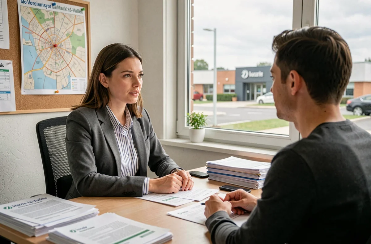 Consultante en recrutement de l'agence Sup Interim Serris discutant avec un candidat dans un bureau proche de Marne-la-Vallée