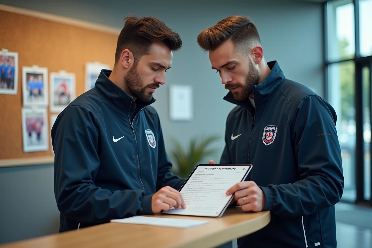 Deux membres d'un club sportif consultant un dossier de surclassement au guichet d'accueil avec la plateforme FBI V2 extranet