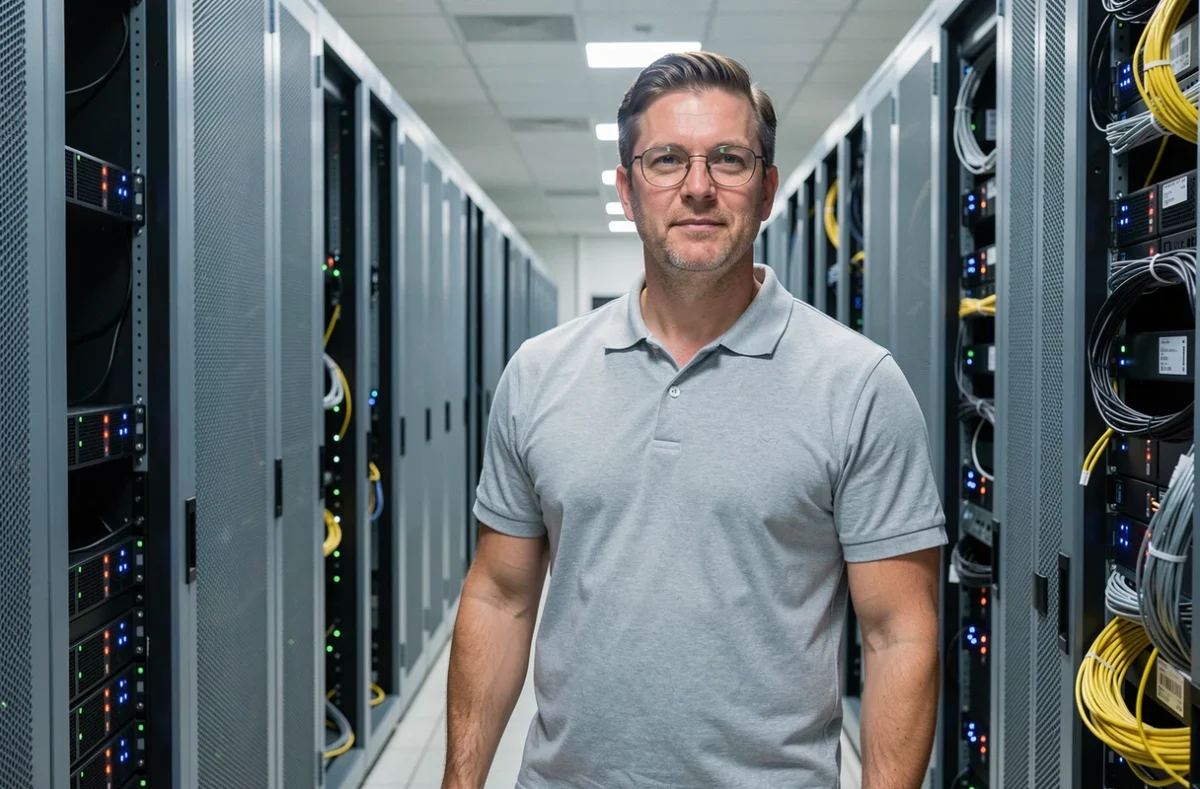 Technicien IT dans une salle de serveurs inspectant l'infrastructure réseau compatible avec les évolutions du SVC Center 2026