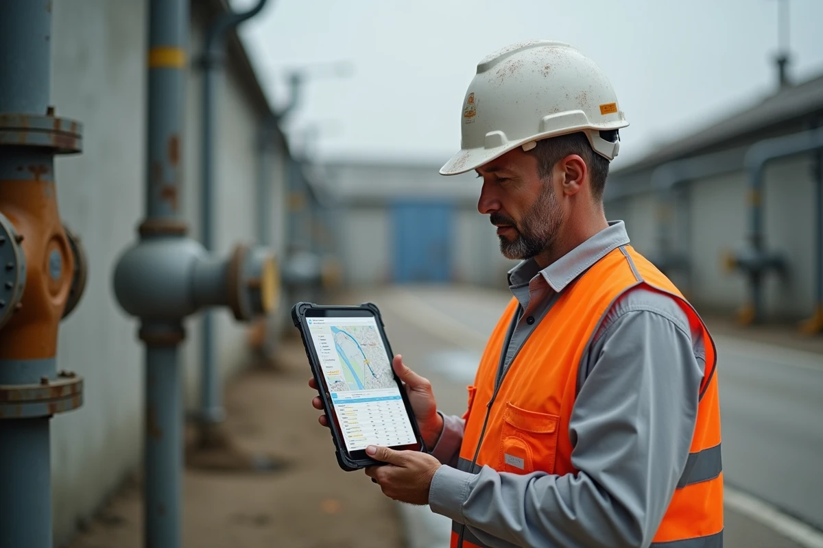 Technicien de réseau d'eau potable utilisant une tablette terrain connectée à une solution CRM de gestion des interventions, devant une infrastructure de distribution d'eau urbaine