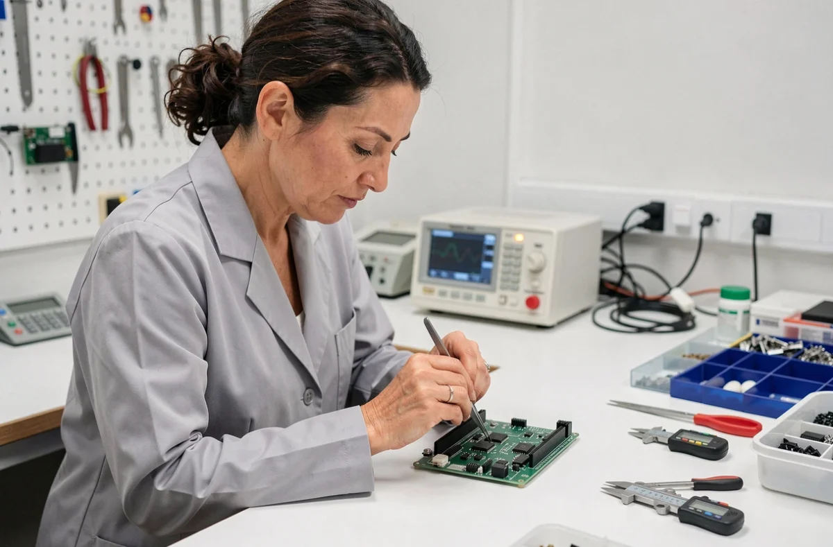 Technicienne en électronique plaçant un composant CMS sur une carte prototype avec des pinces de précision