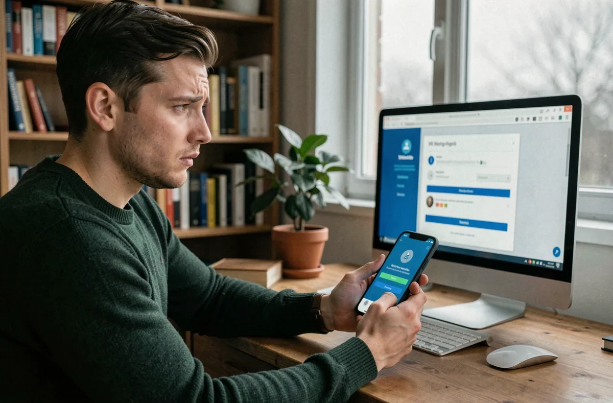 Jeune homme en télétravail tenant un smartphone d'authentification face à une page de connexion RH sur ordinateur