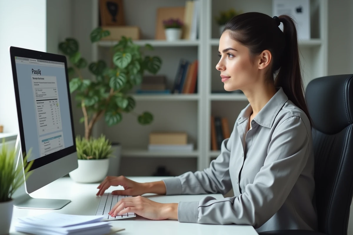 Femme employée travaillant depuis chez elle pour télécharger sa fiche de paie via un extranet RH en ligne