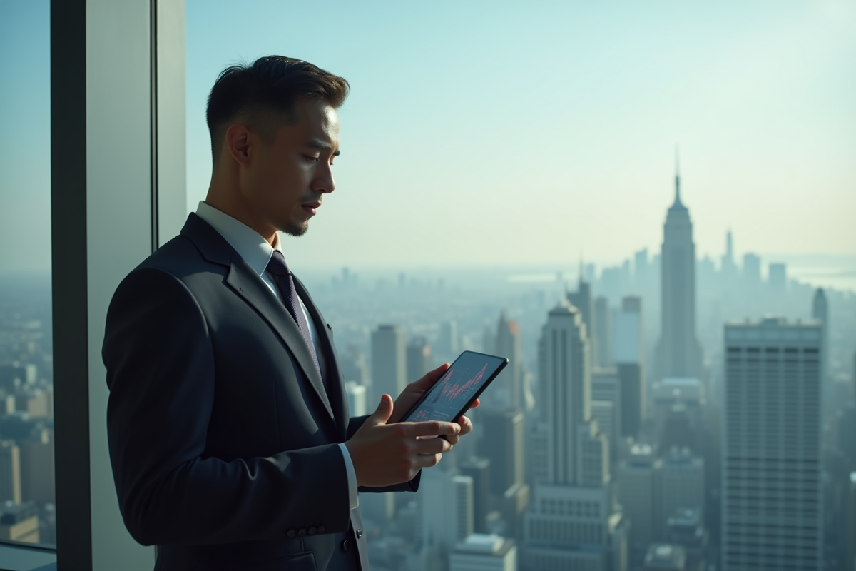 Trader professionnel tenant une tablette avec données financières en ville