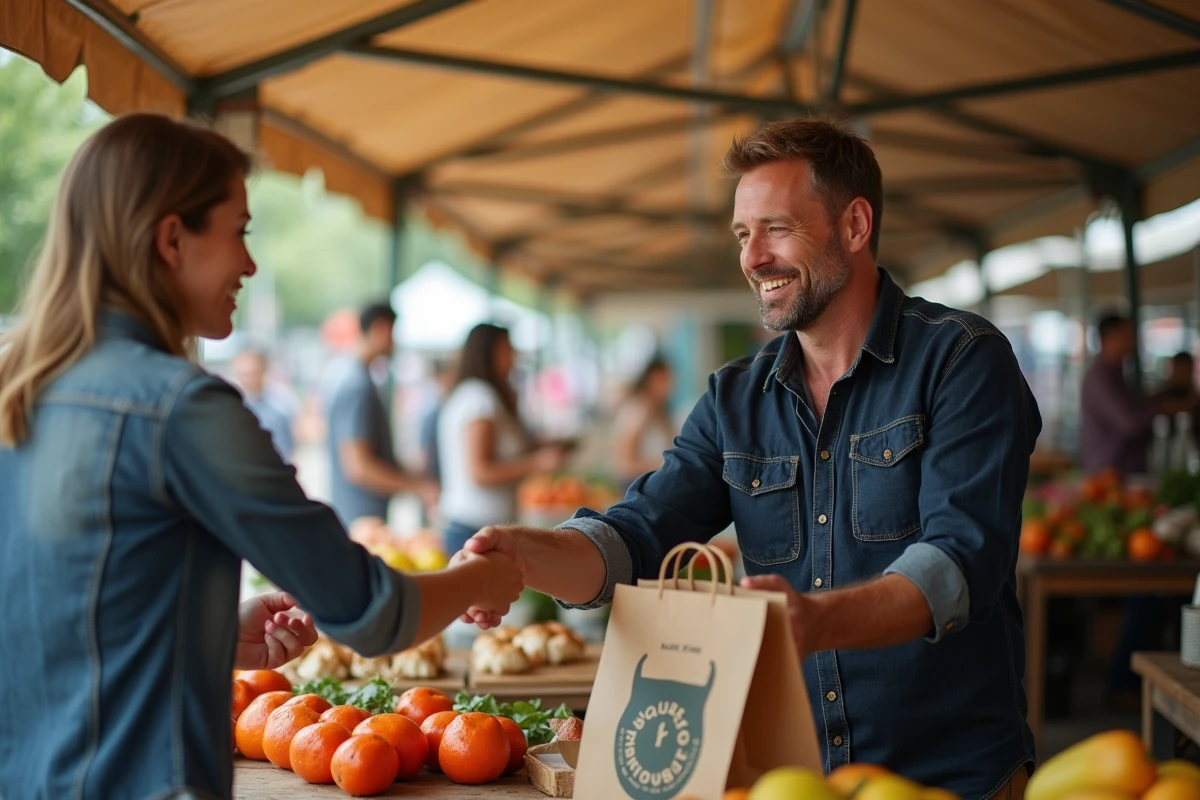 Vendeur artisan remettant un sac papier personnalisé à un client sur un marché artisanal en plein air
