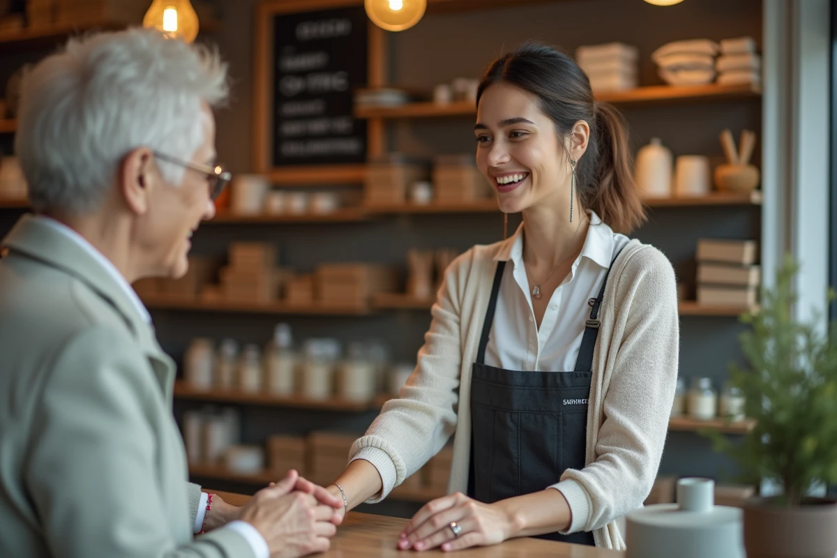 Jeune vendeuse aidant un client dans sa boutique