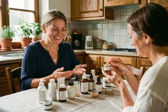 Femme présentant des produits de vente à domicile à une voisine dans une cuisine chaleureuse