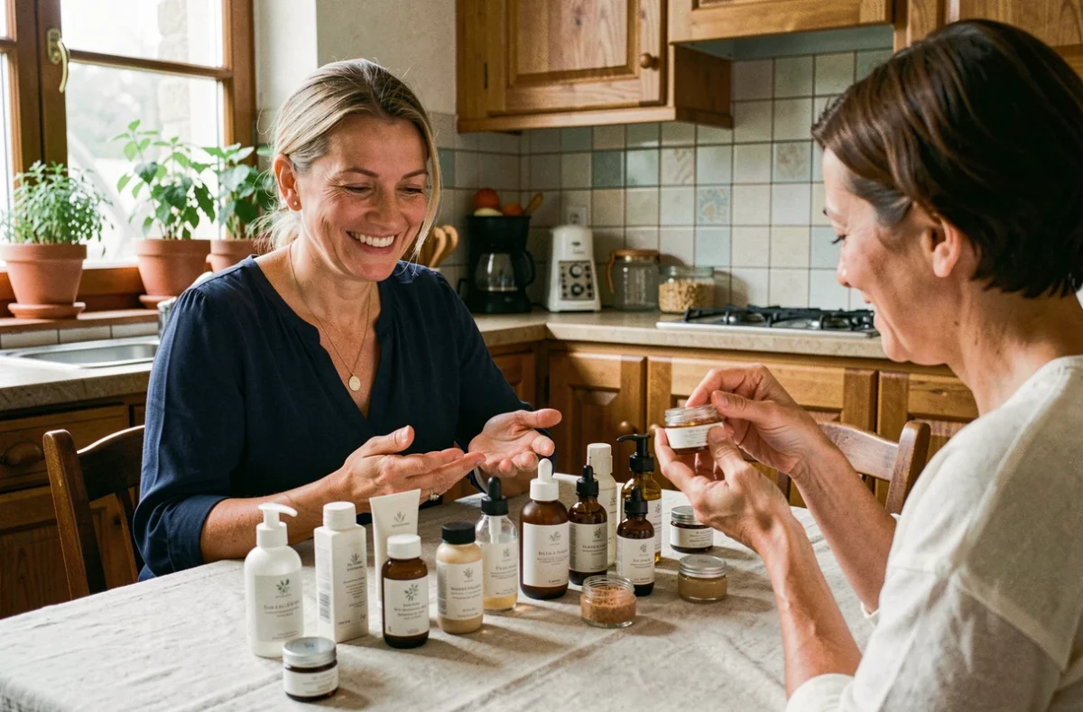 Femme présentant des produits de vente à domicile à une voisine dans une cuisine chaleureuse