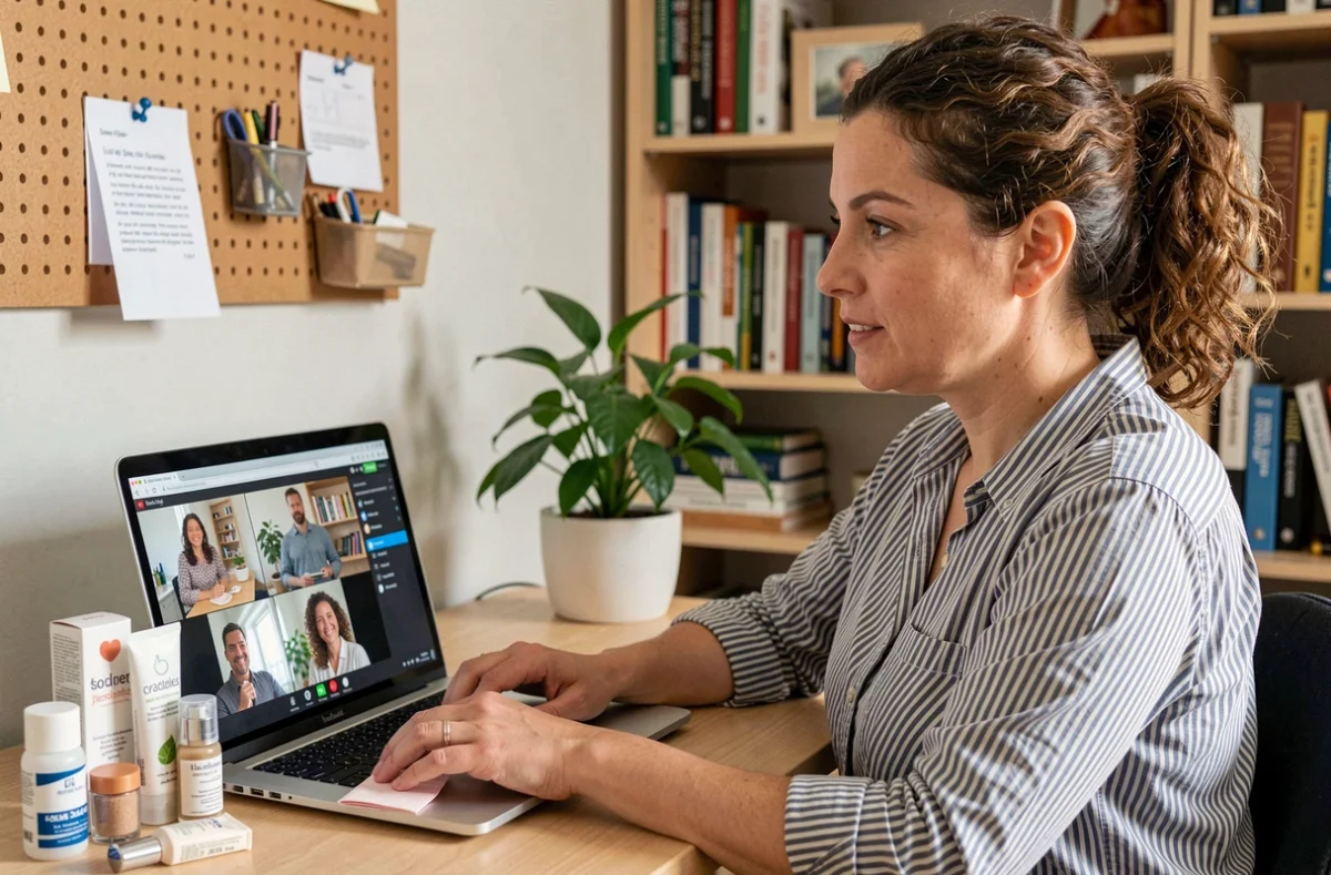 Femme faisant de la vente à domicile en ligne depuis son bureau à la maison avec des produits exposés