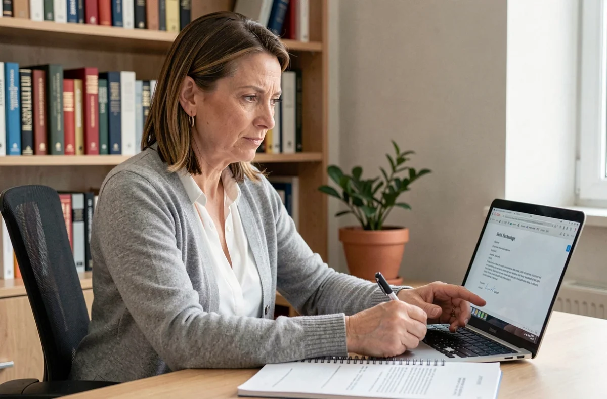Femme analysant attentivement une offre d'échange de compétences sur son ordinateur portable dans un bureau à domicile