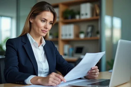Femme professionnelle vérifiant des documents SIRET sur ordinateur portable dans un bureau moderne