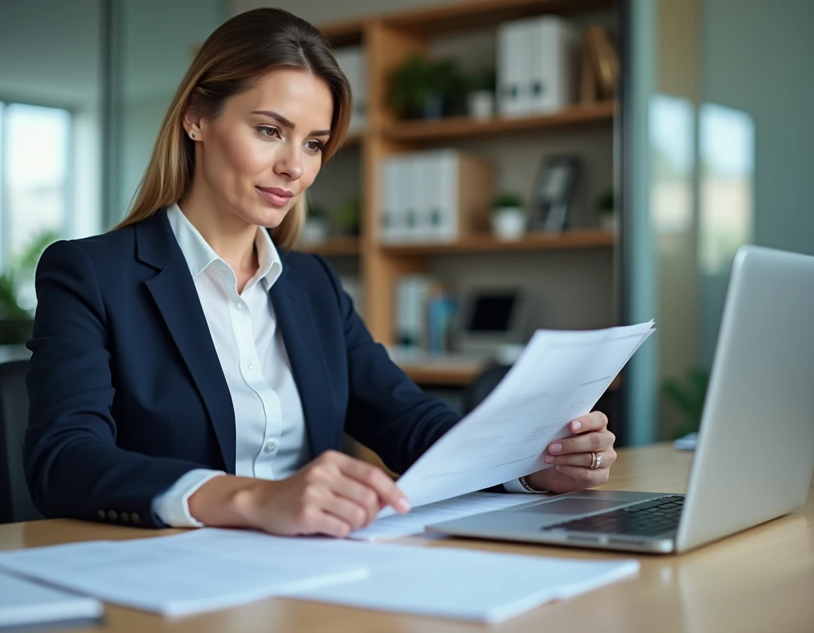 Femme professionnelle vérifiant des documents SIRET sur ordinateur portable dans un bureau moderne