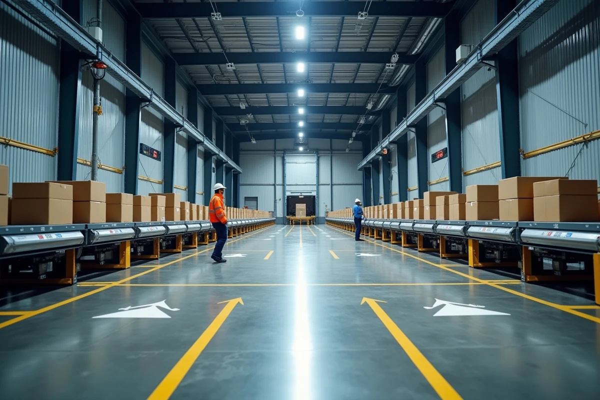 Vue grand angle d'un centre de distribution central avec convoyeurs automatisés, zones d'expédition étiquetées et quais de chargement